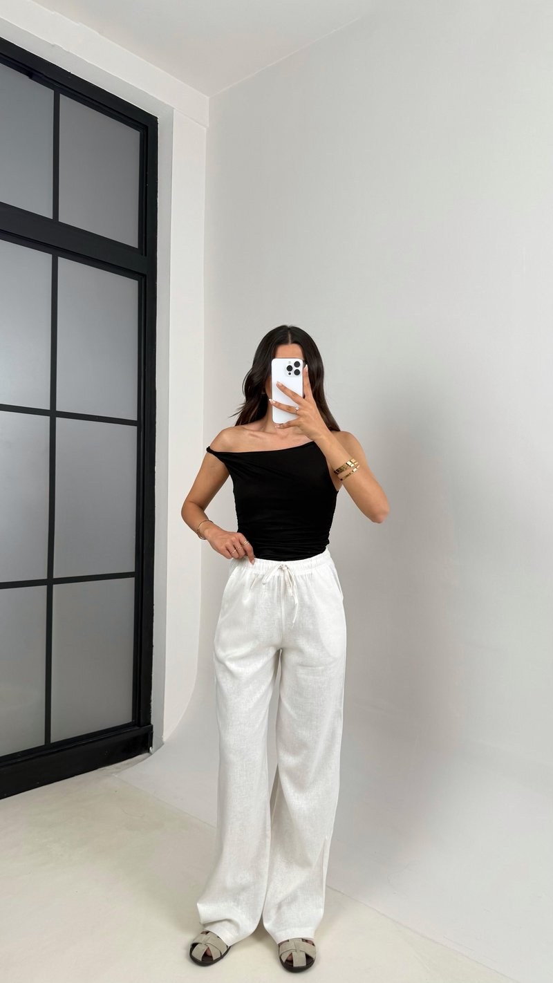 Beyaz Beli Lastikli Muadil Keten Pantolon Gaus00623