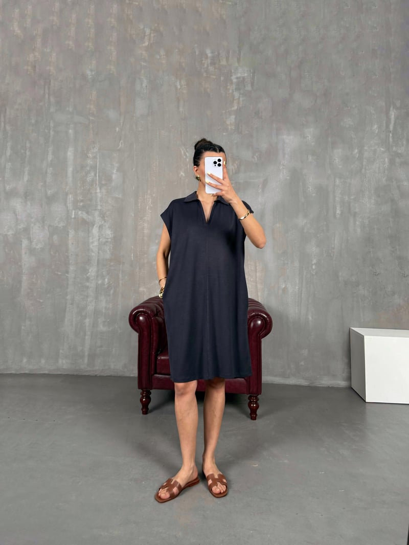Smoked V Polo Collar Modal Dress Gaus00117
