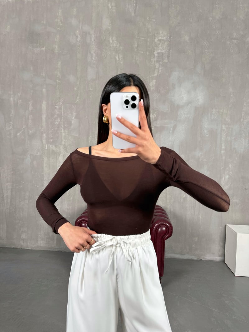 Kahverengi Transparan Kaşmir Dokulu Bluz Gaus00272