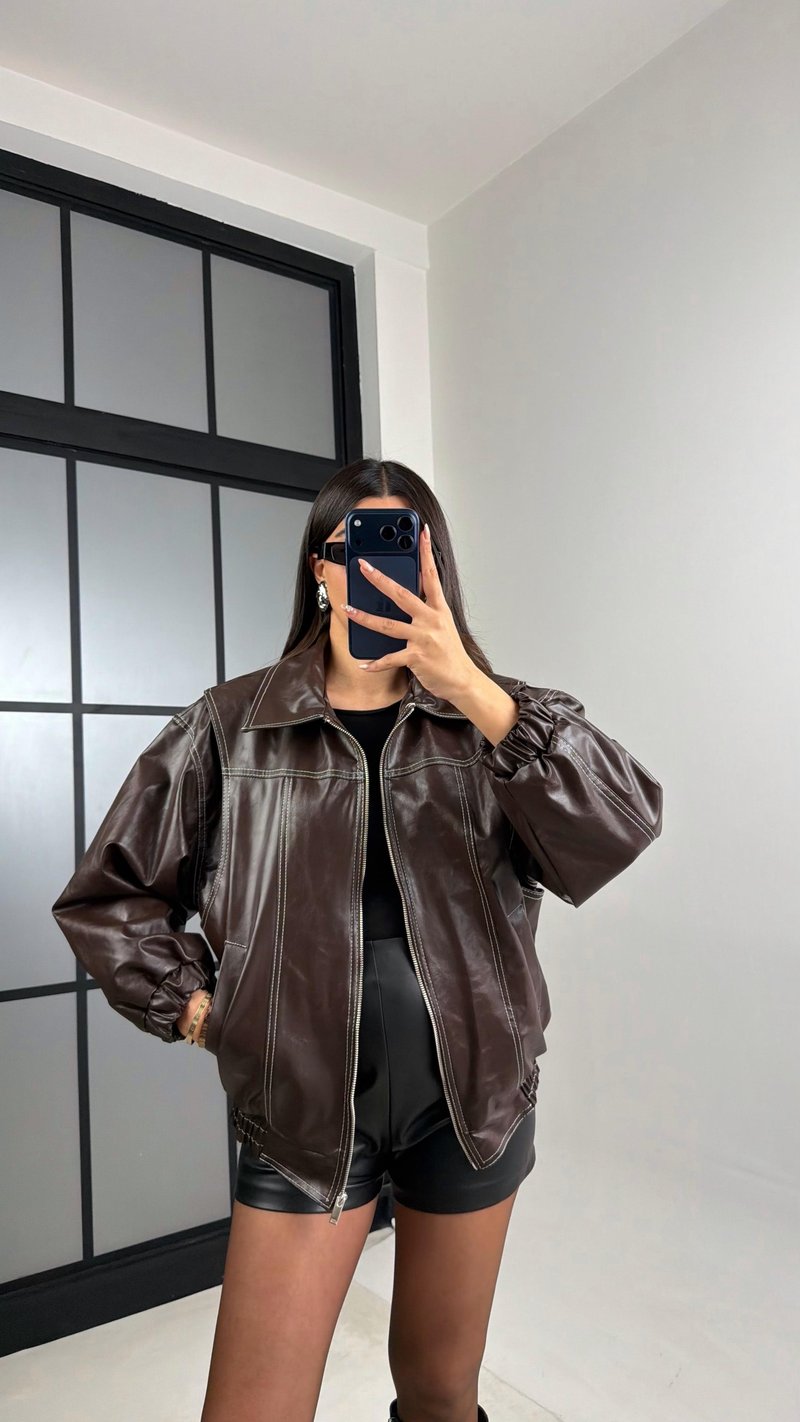 Kahve Dikiş Detaylı Astarlı Deri Ceket GAUS-00908