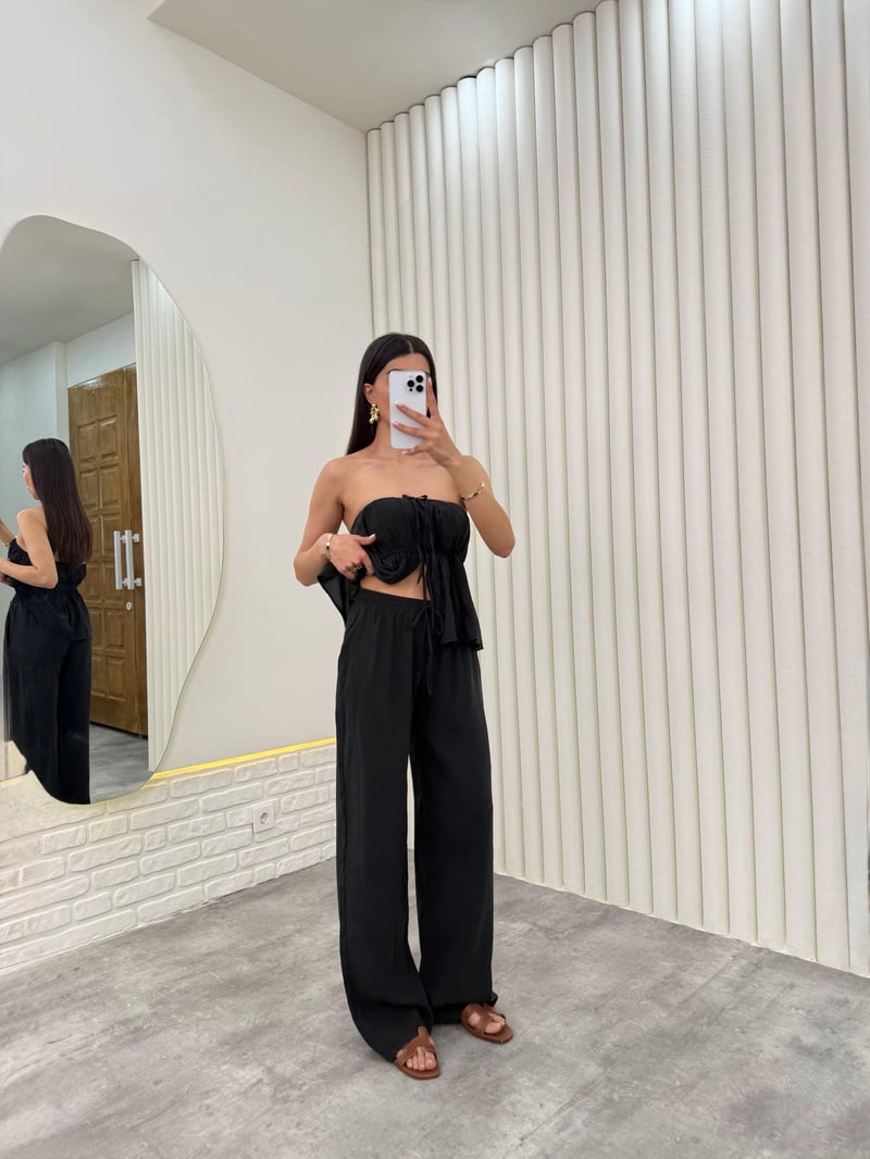 Siyah  Straplez Yırtmaçlı Üst İkili Tensel Takım Gaus00275