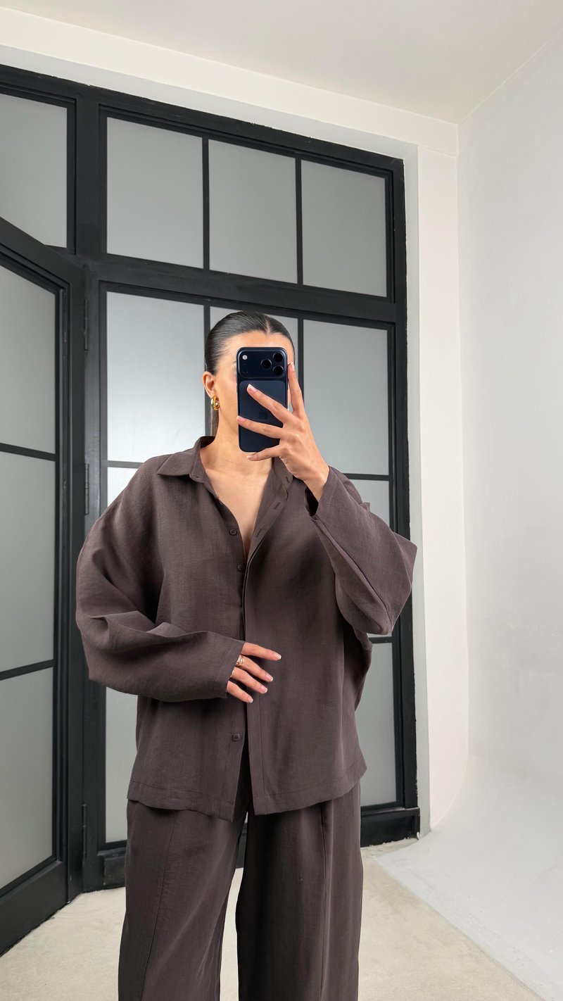 Acı Kahve Gömlek Beli Lastikli Pantolon Premium Tencel Kumaş Takım GAUS-01525