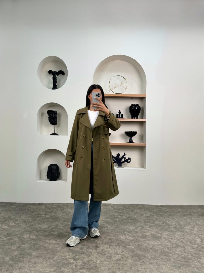 Hana Haki Premium Kemerli Astarlı Muadil Trençkot