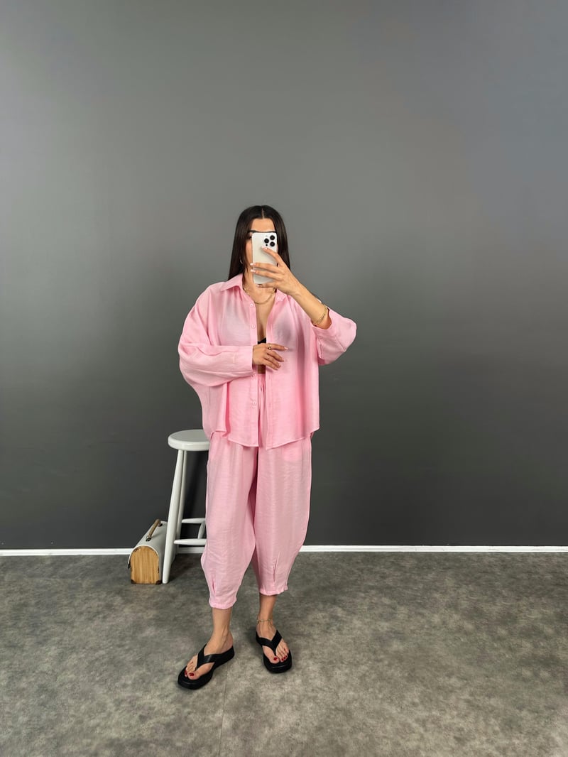 Hillard Pembe Premium İthal Kumaş Harem İkili Takım