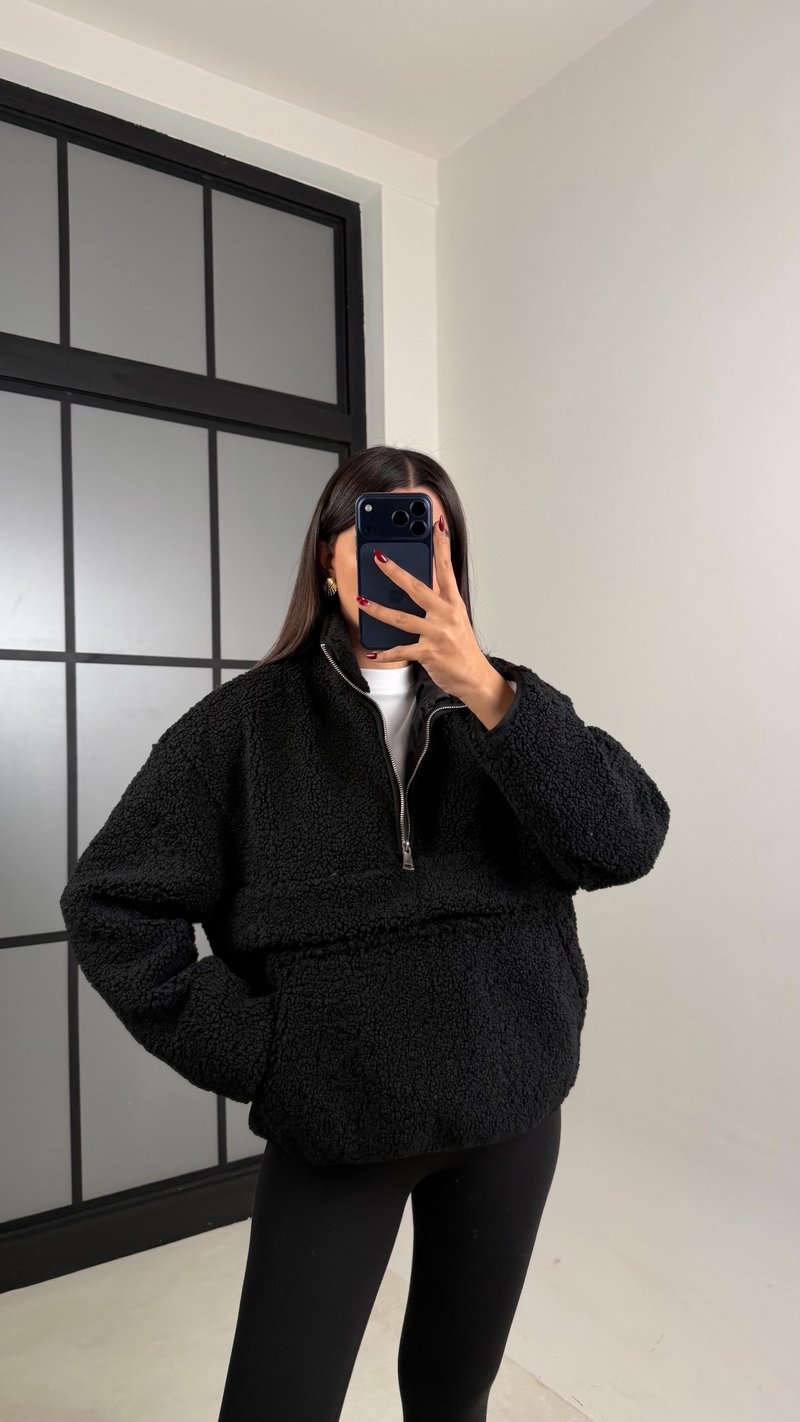 Siyah Cepli Yaka Fermuarlı Peluş Sweatshirt GAUS-00672