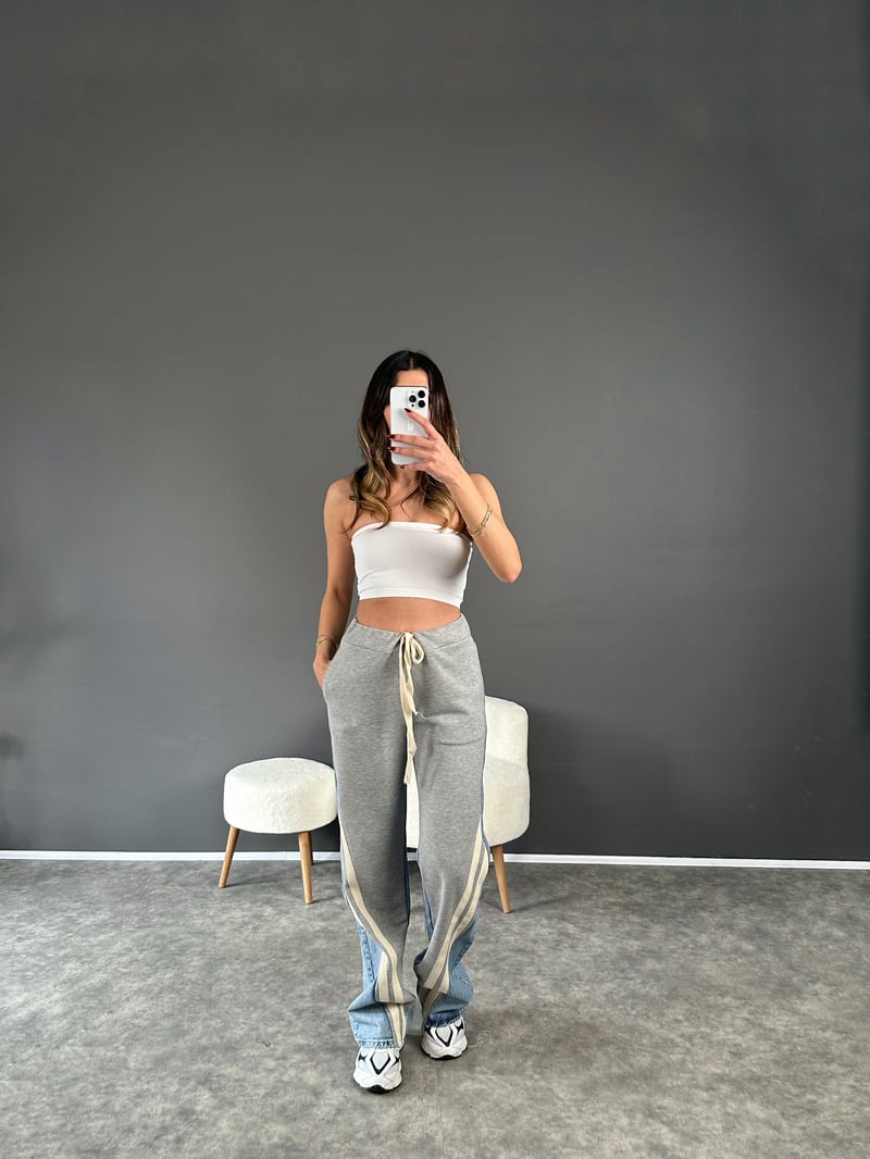 Premium Gri Jean Şerit Detaylı Pantolon