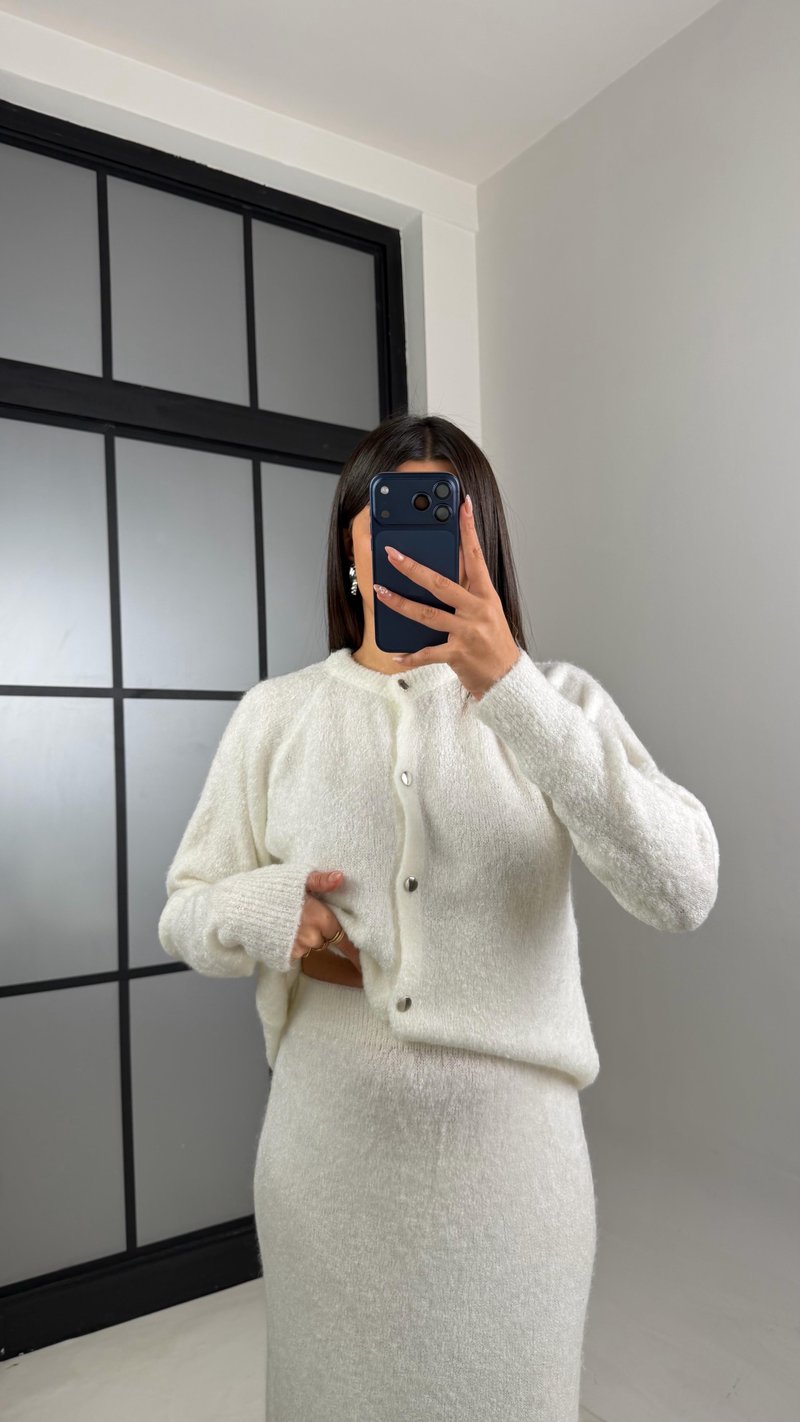 Ekru Hırka Beli Lastikli Etek Triko takım GAUS-00853