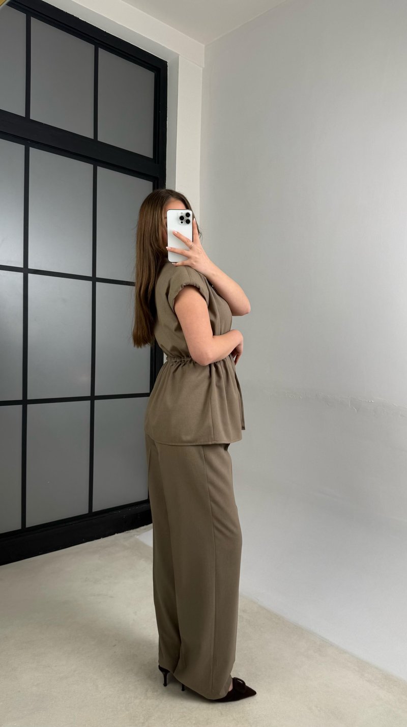 Haki Vatkalı Beli Lastikli Kuşaklı Yelek Pantolon İkili Takım GAUS-00986