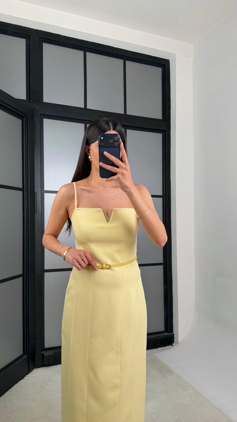 Sarı Gold Toka Detaylı Kemerli Ayarlanabilir Askılı Elbise GAUS-01403