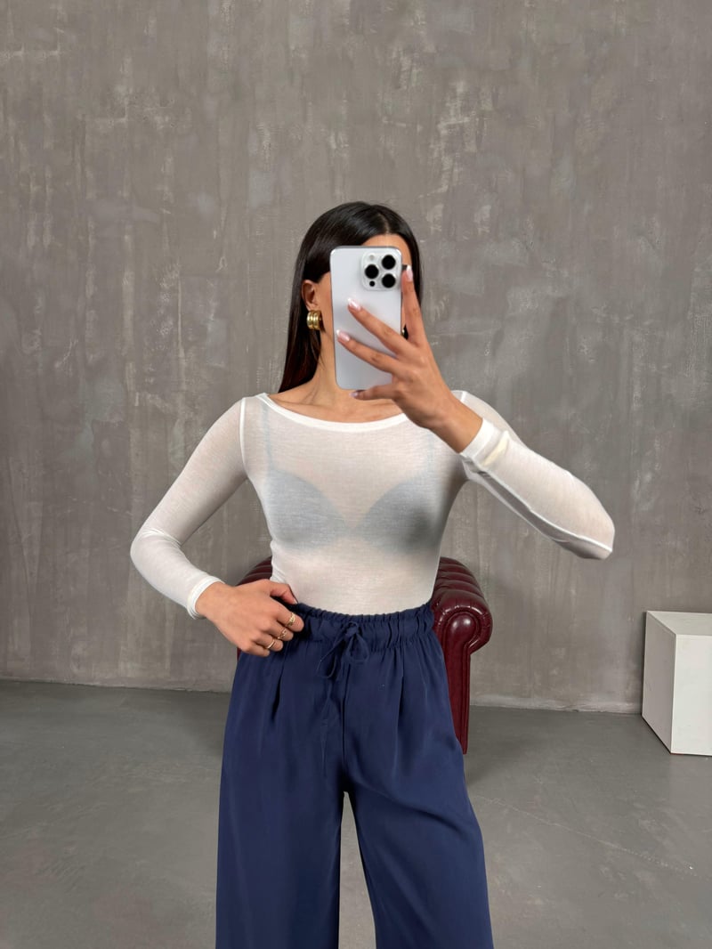 Beyaz Transparan Kaşmir Dokulu Bluz Gaus00272
