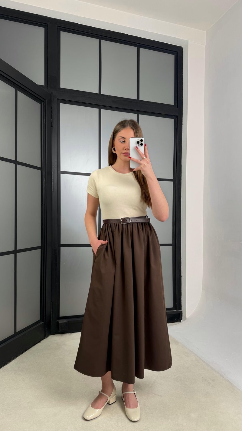 Kahve Kısa Kol Beli Lastikli Kemerli Elbise GAUS-01246
