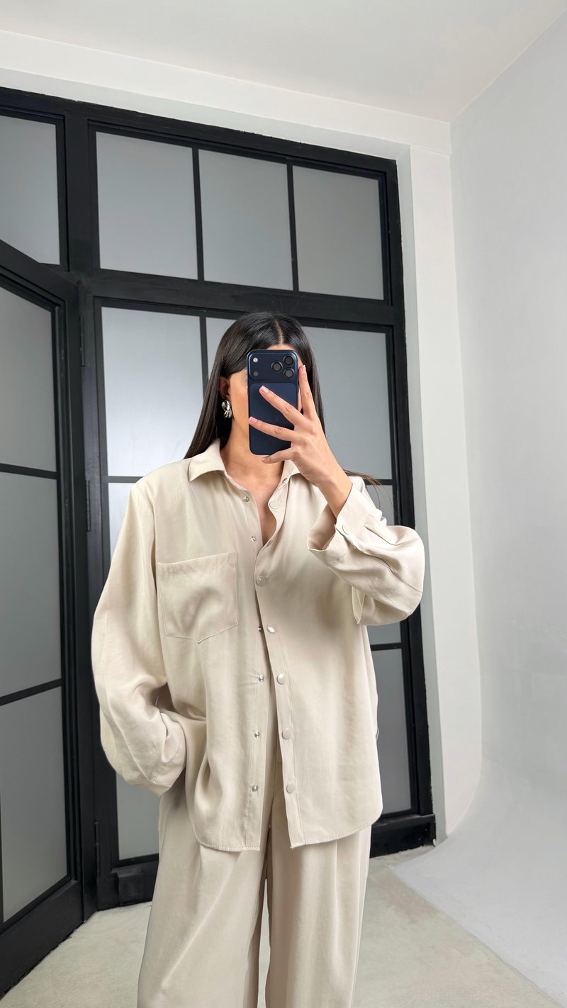 Taş Vatkalı Gömlek Kemerli Pantolon İkili Tencel Takım GAUS-01319