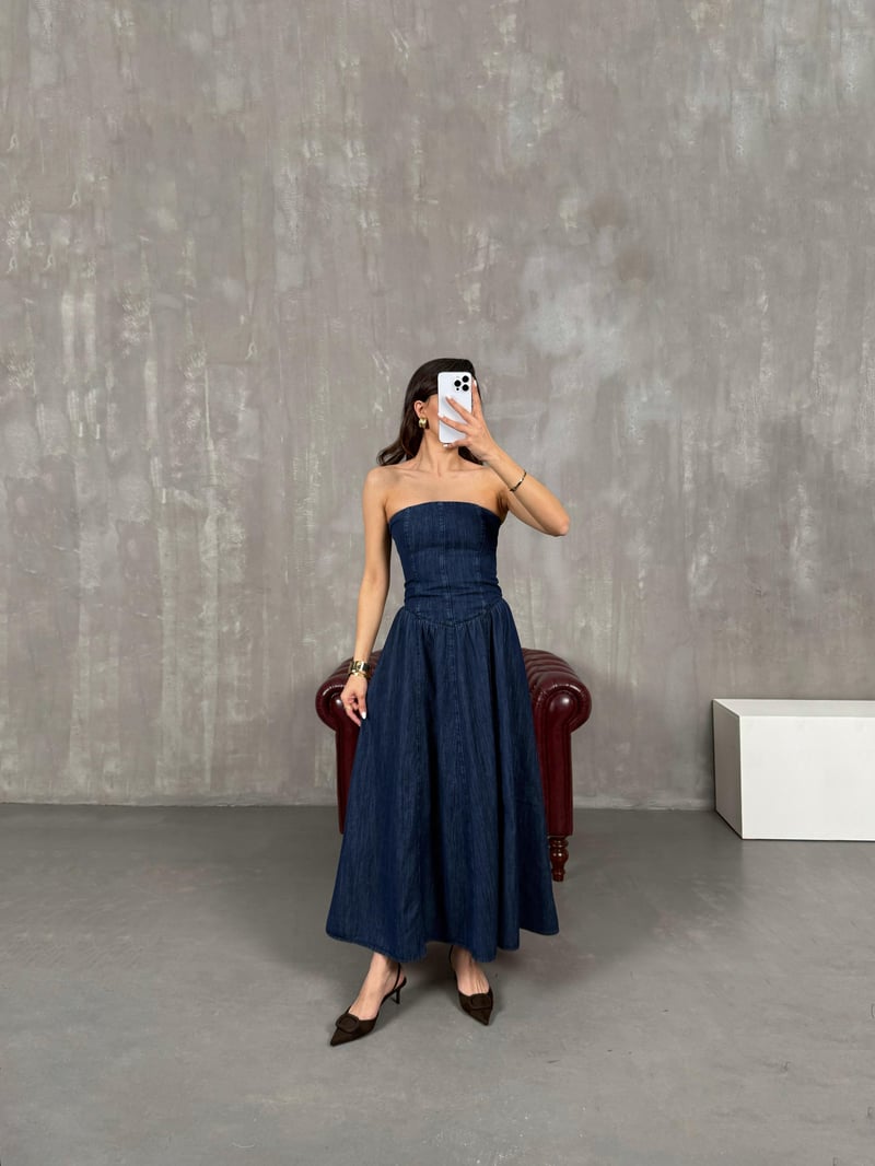 Mavi Straplez Ayarlanabilir Askılı Denim Elbise Gaus00050