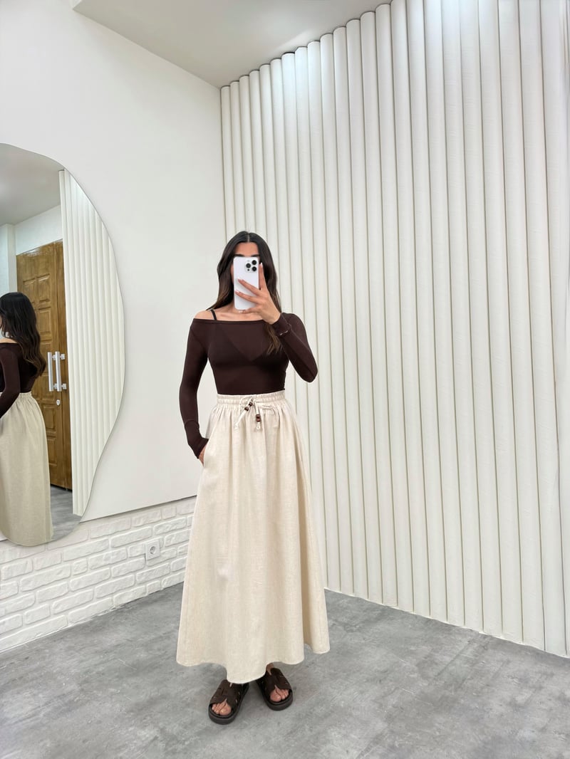Taş Beli Lastikli Cepli Keten Etek Gaus00298