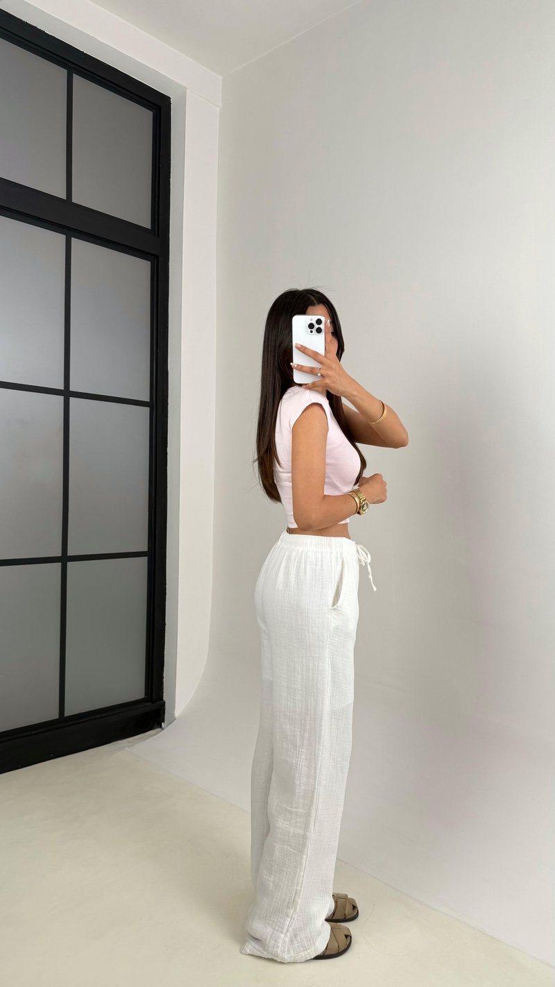 Beyaz Beli Lastikli Müslin Pantolon Gaus00586