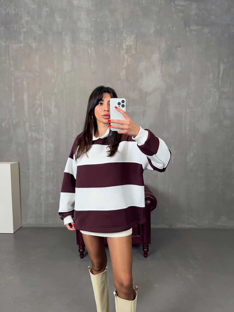 Nicol Bordo Beyaz Çizgili ZR Model Sweatshirt