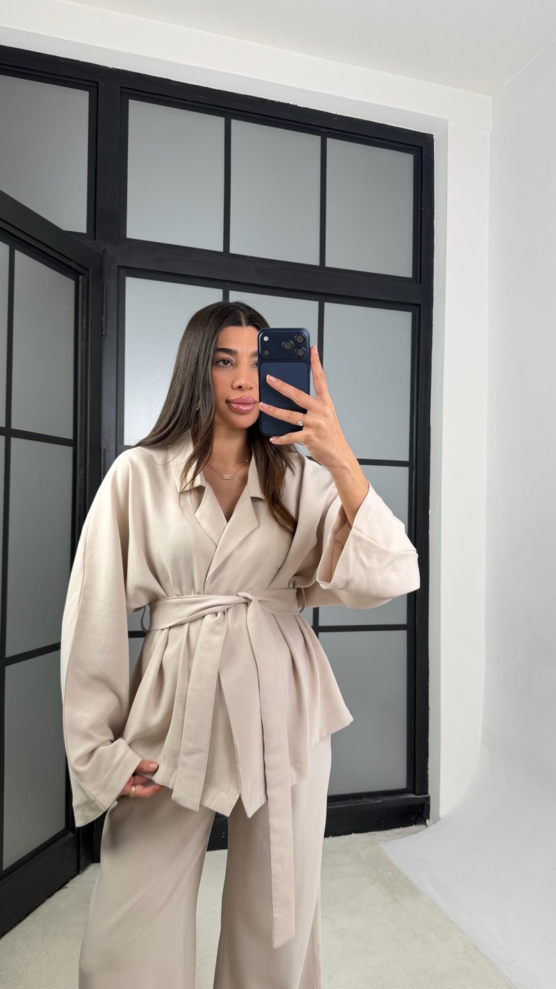 Taş Kuşaklı Ceket Beli Lastikli Pantolon Tencel Takım GAUS-01128