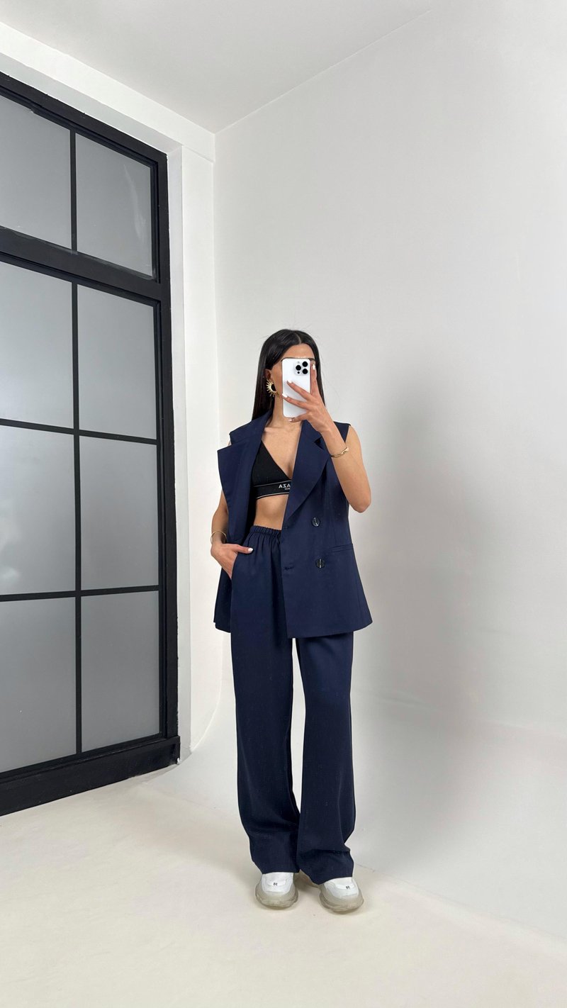 Lacivert Önü Düğmeli Astarlı Yelek Beli Lastikli Pantolon Tencel Premium Takım Gaus00366