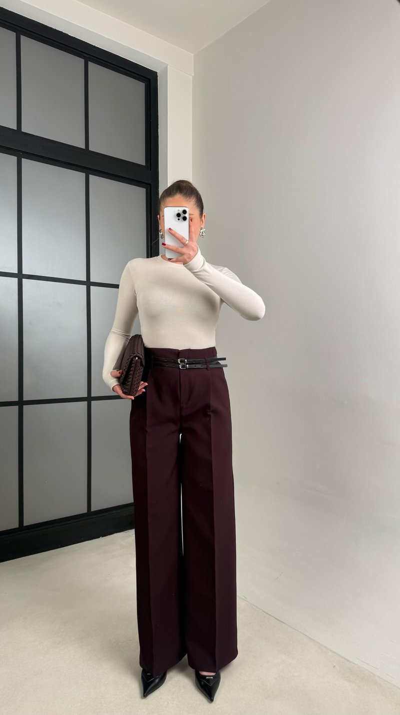 Mürdüm Çift Kemerli Pileli Kumaş Pantolon GAUS-00896