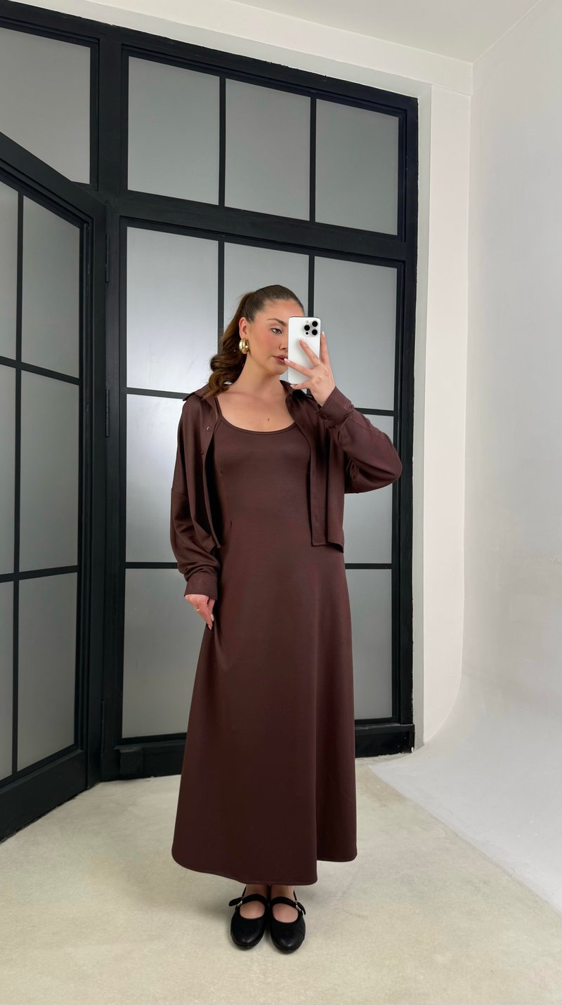 Kahve Gömlek Elbise İkili Modal Kumaş Takım GAUS-01218