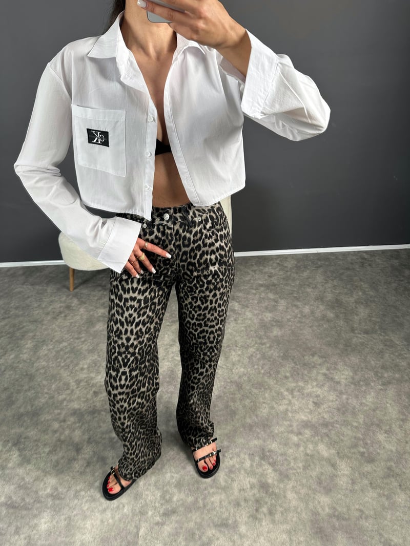 GU Koyu Leopar Desenli Straight Leg Jean