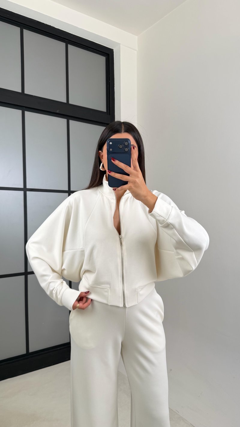 Ekru Fermuarlı Hırka Beli Lastikli Pantolon Modal Takım GAUS-00665