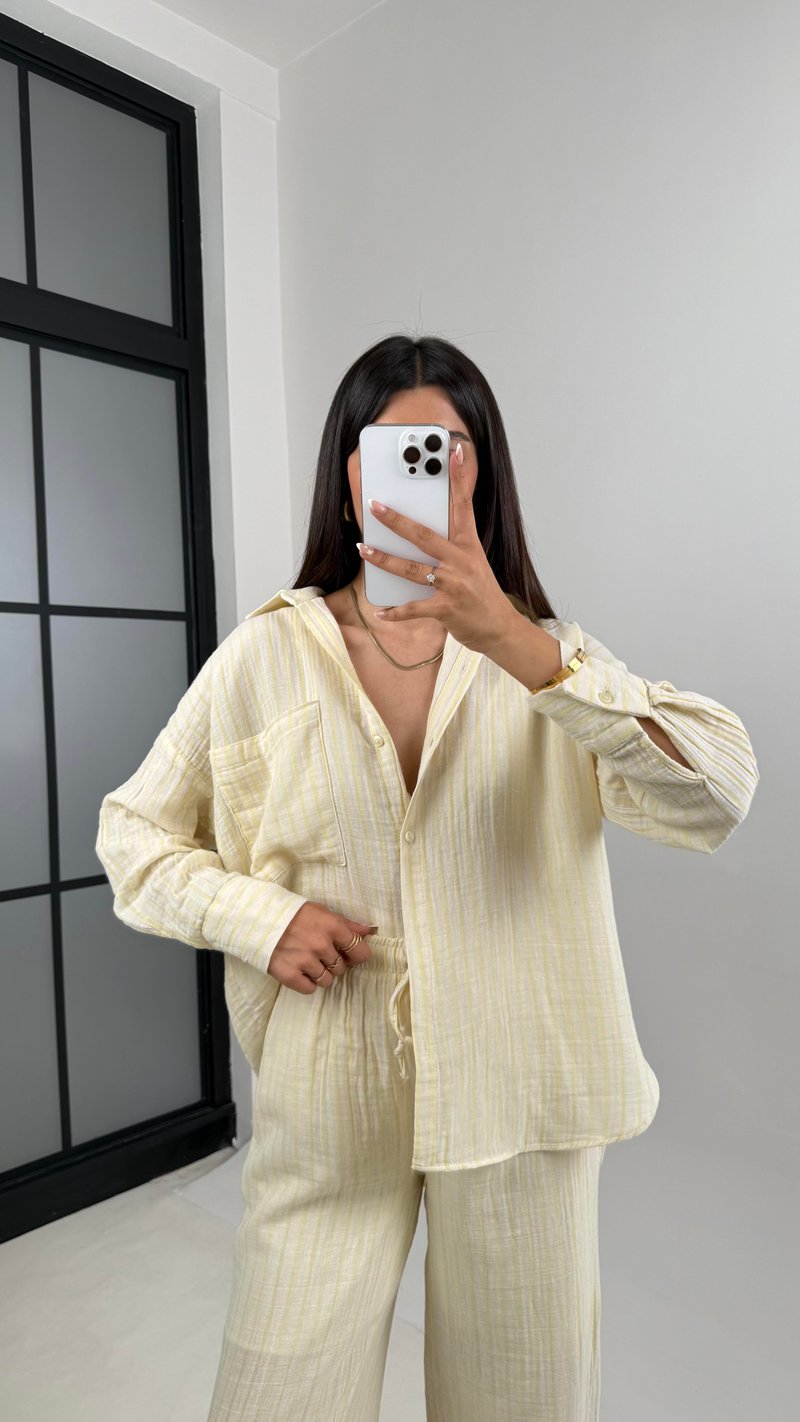 Sarı Taş Çizgili Cepli Gömlek Beli Lastikli Pantolon Müslin Takım Gaus00580
