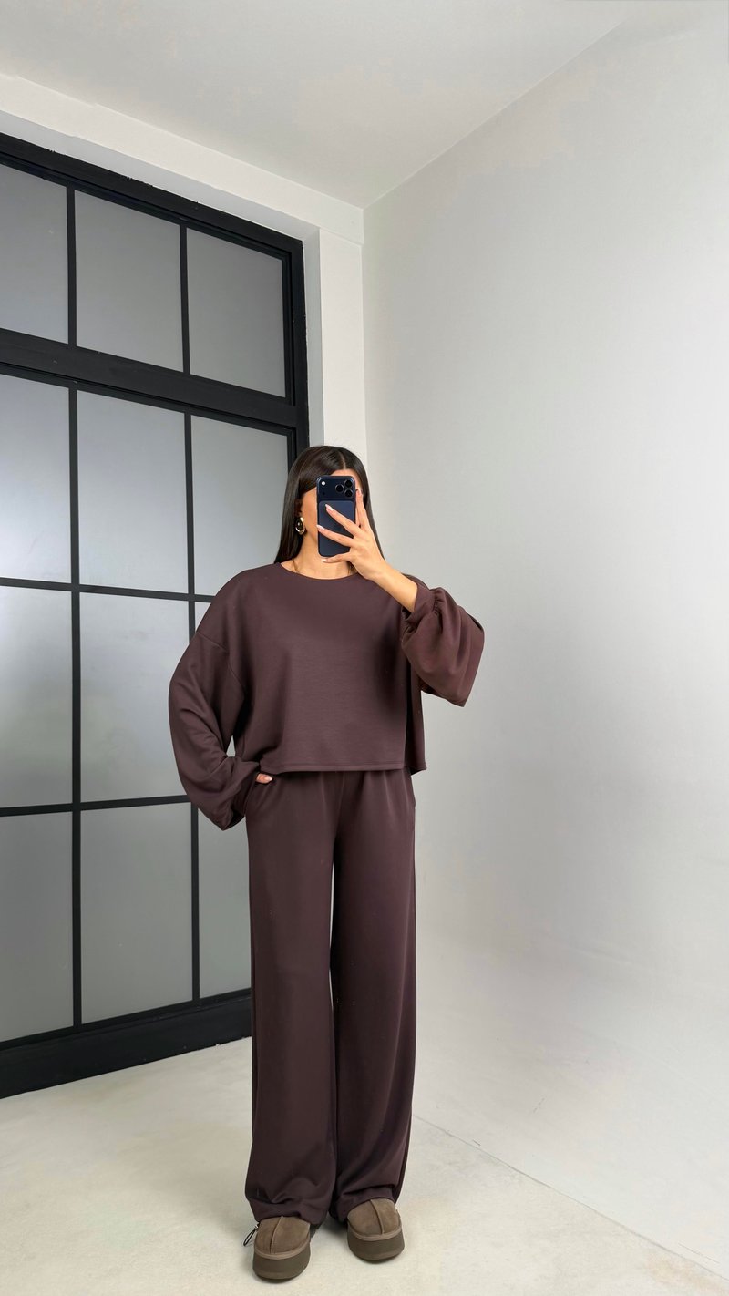 Acı Kahve Gold Tokalı Pelerin Bluz Beli Lastikli Pantolon Modal Kumaş Takım GAUS-00871