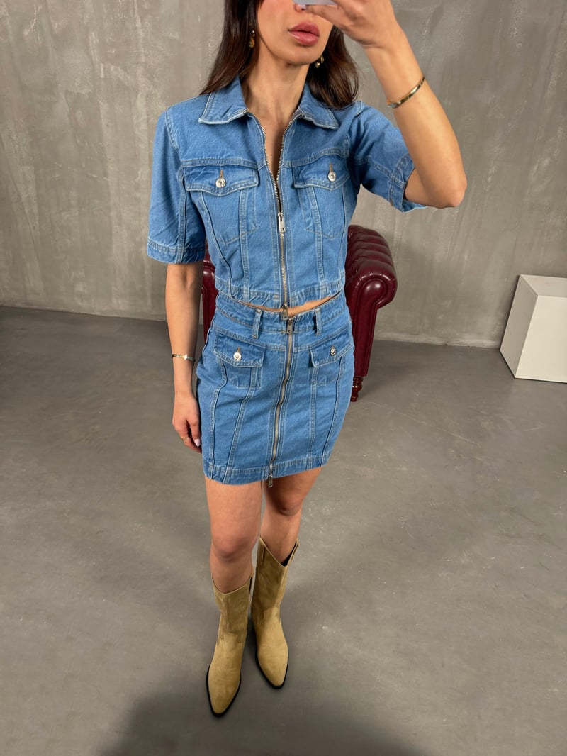 Mavi Cepli Önü Fermuarlı Denim Etekli Takım Gaus00259