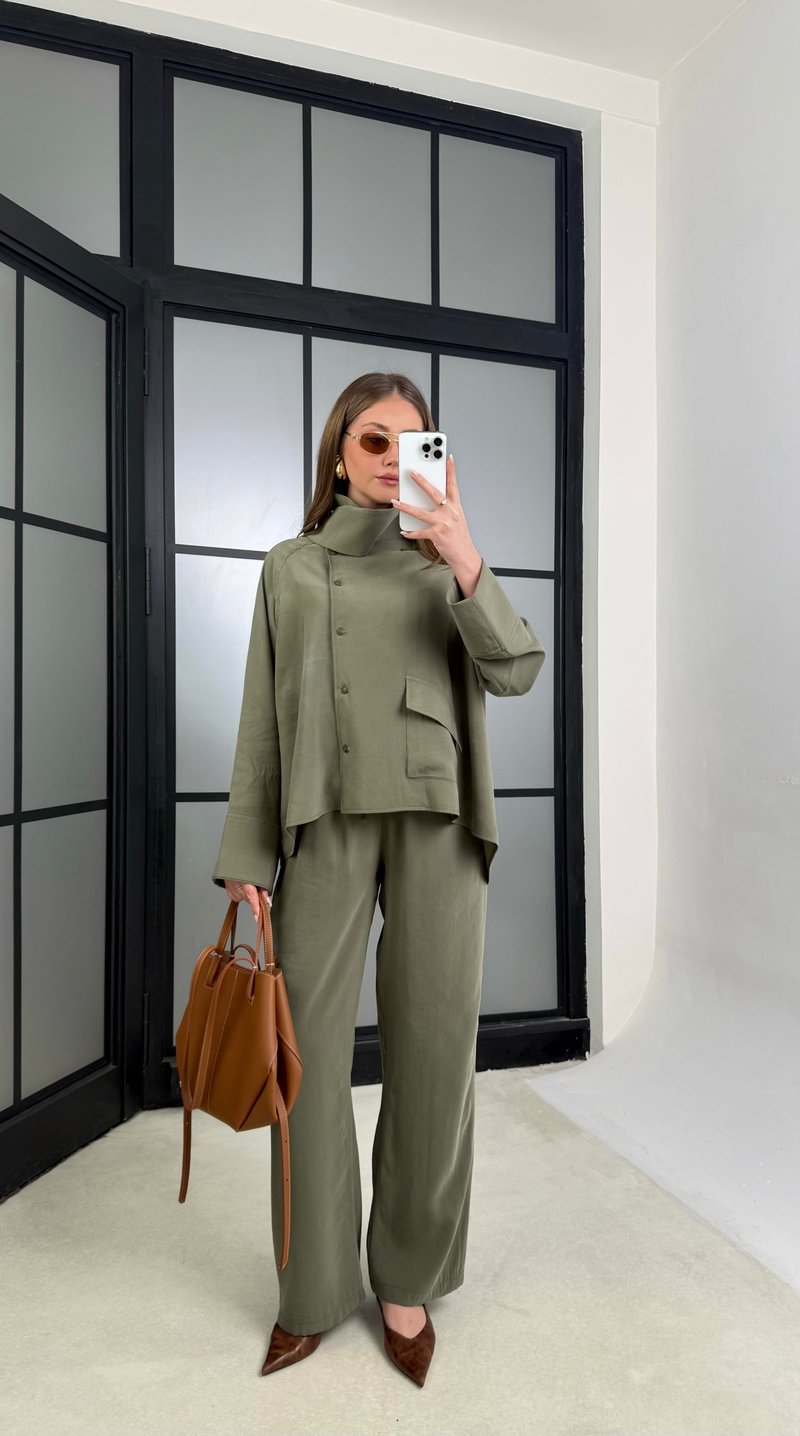 Yeşil Gömlek Beli Lastikli Pantolon Cep Detaylı Muadil Tencel Takım GAUS-01225