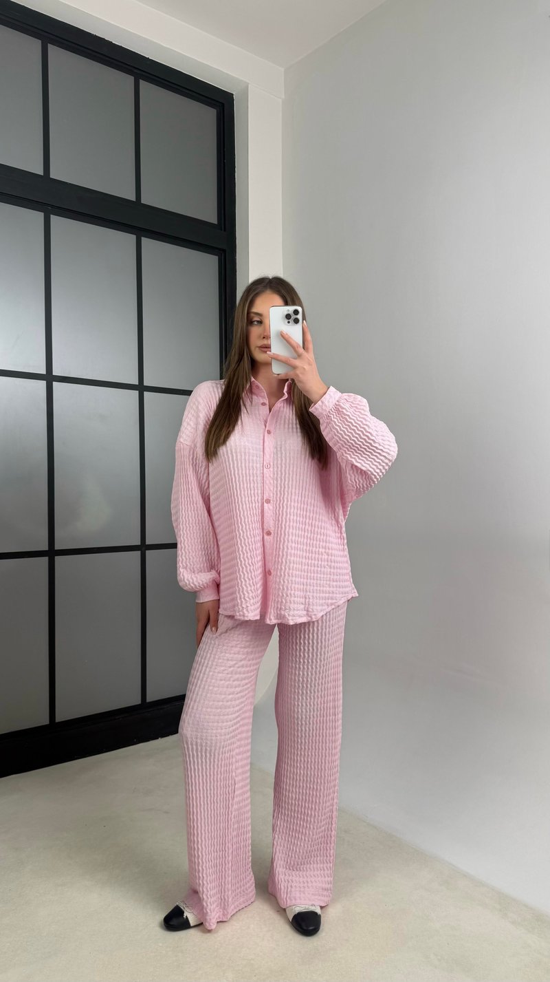 Pembe Gömlek Beli Lastikli Pantolon İkili Bürümcük Takım GAUS-01089