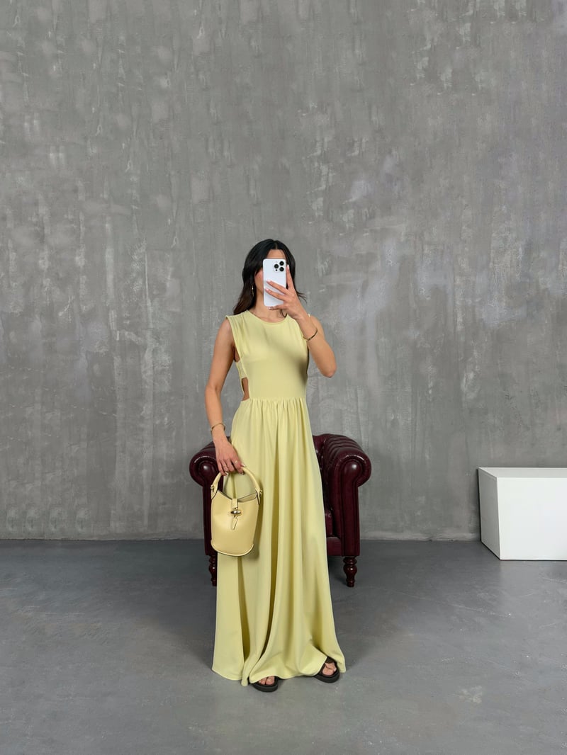 Sarı Yan Dekolteli Keten Elbise Gaus00255