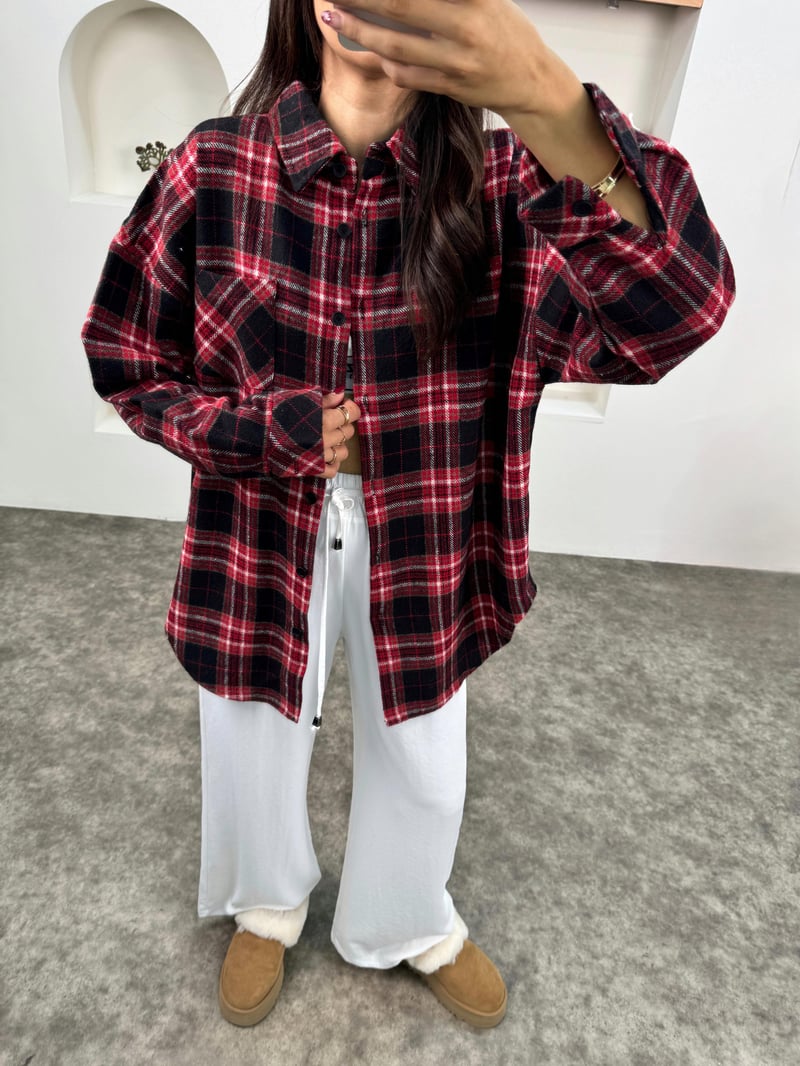 Raga Kırmızı Kareli Kaşe Oduncu Oversize Gömlek