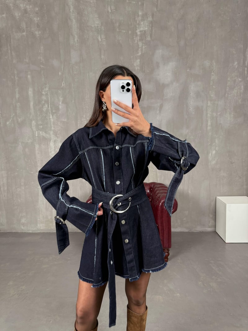 Karla Koyu Füme Kemerli Denim Elbise