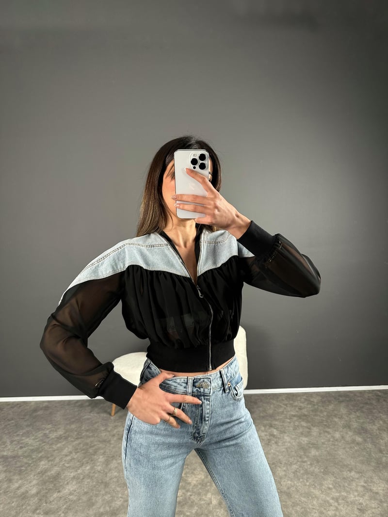 Siyah Denim Detaylı Tül Ceket 