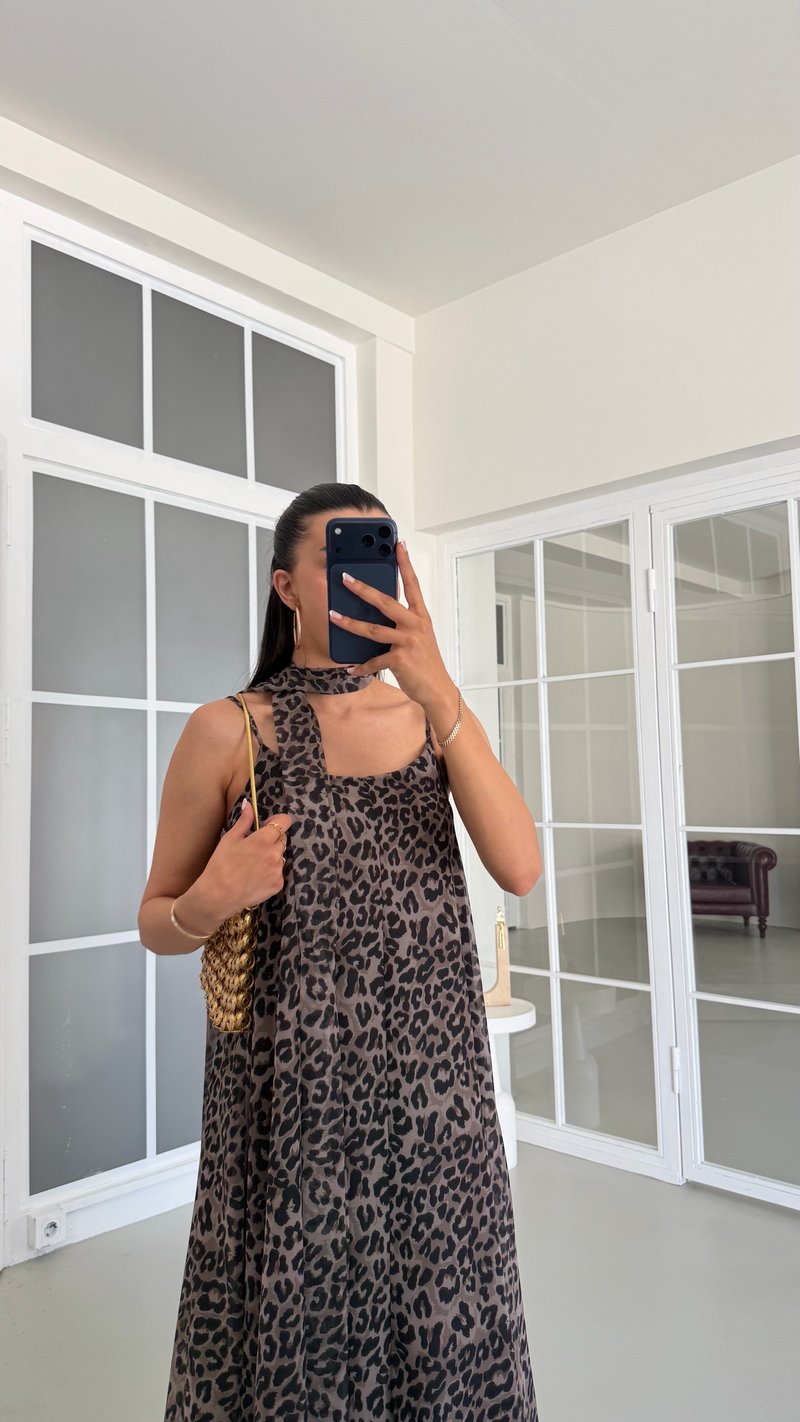 Leopar Fularlı Ayarlanabilir Askılı Astarlı Elbise GAUS-01682