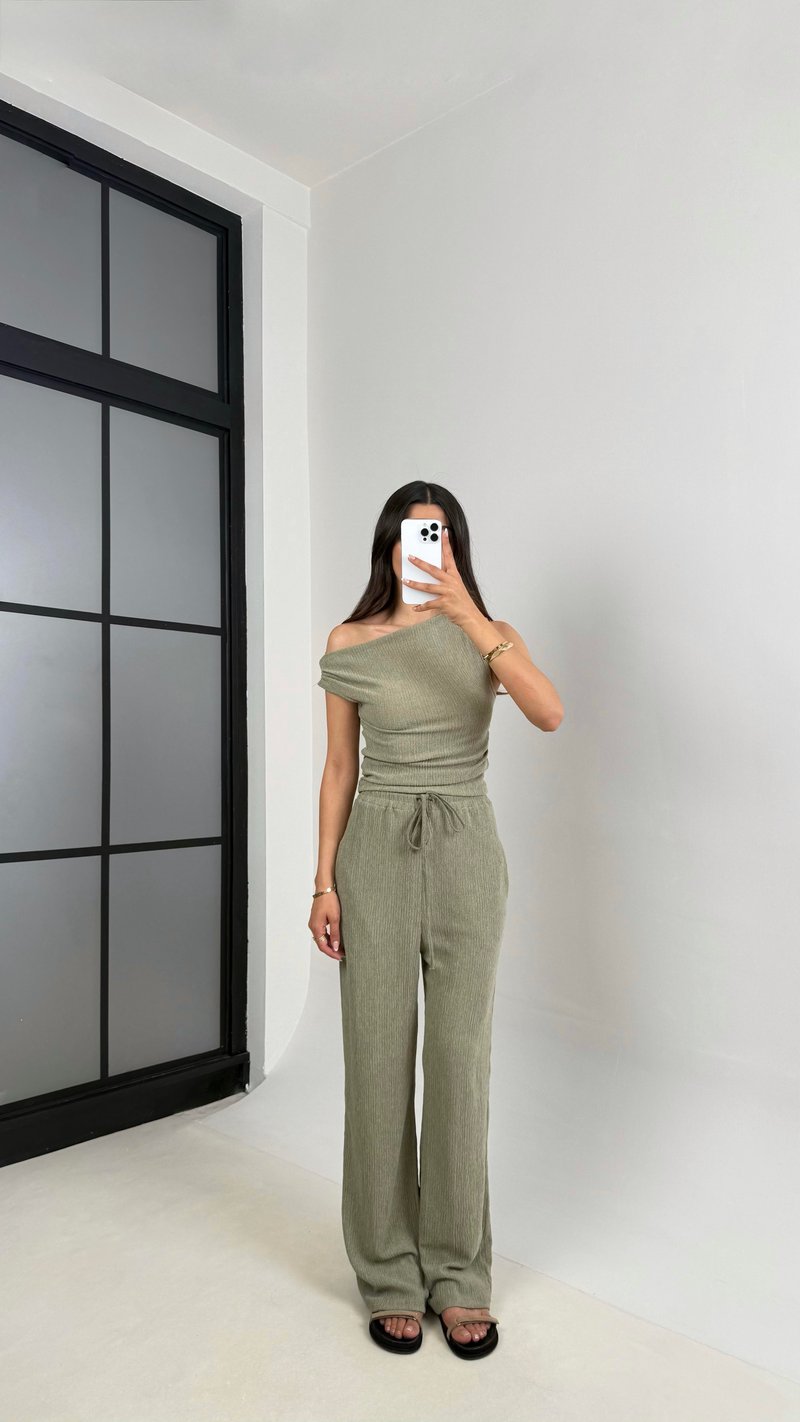 Yeşil Bluz Beli Lastikli Pantolon Bürümcük Takım Gaus00532