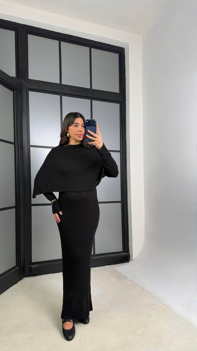 Siyah Elbise Pelerin Triko İkili Takım GAUS-01194