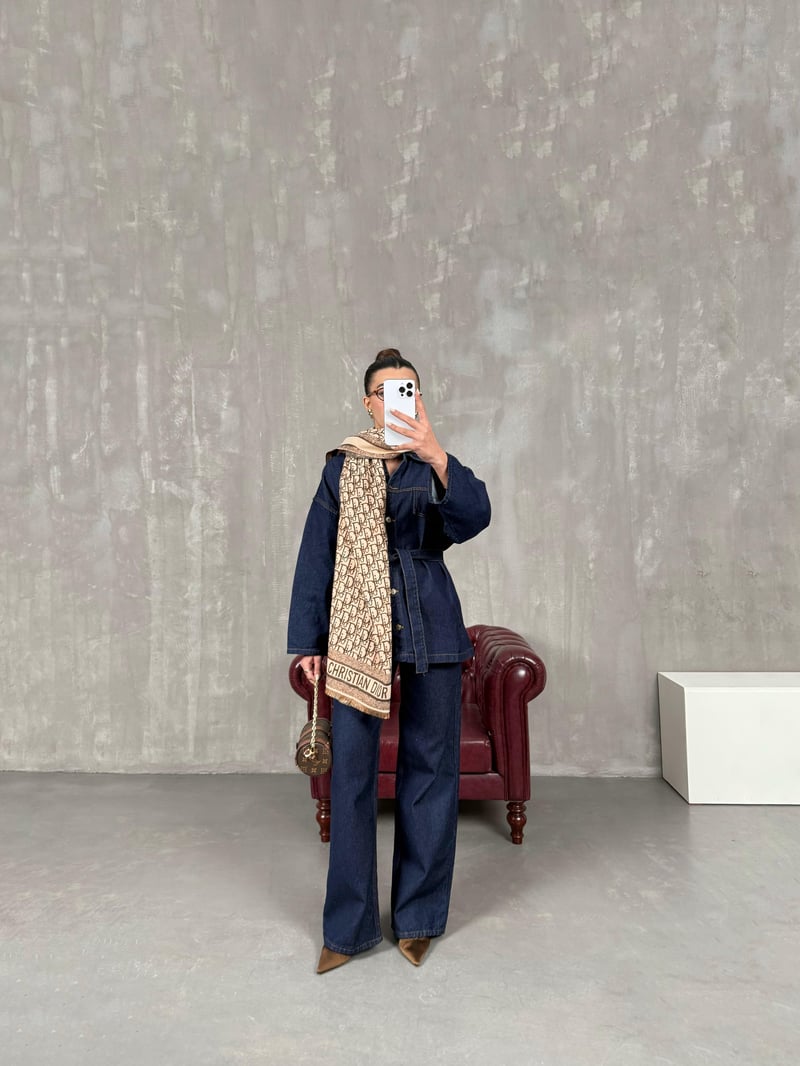 Mingo Navy Blue Belted Design Denim Set
