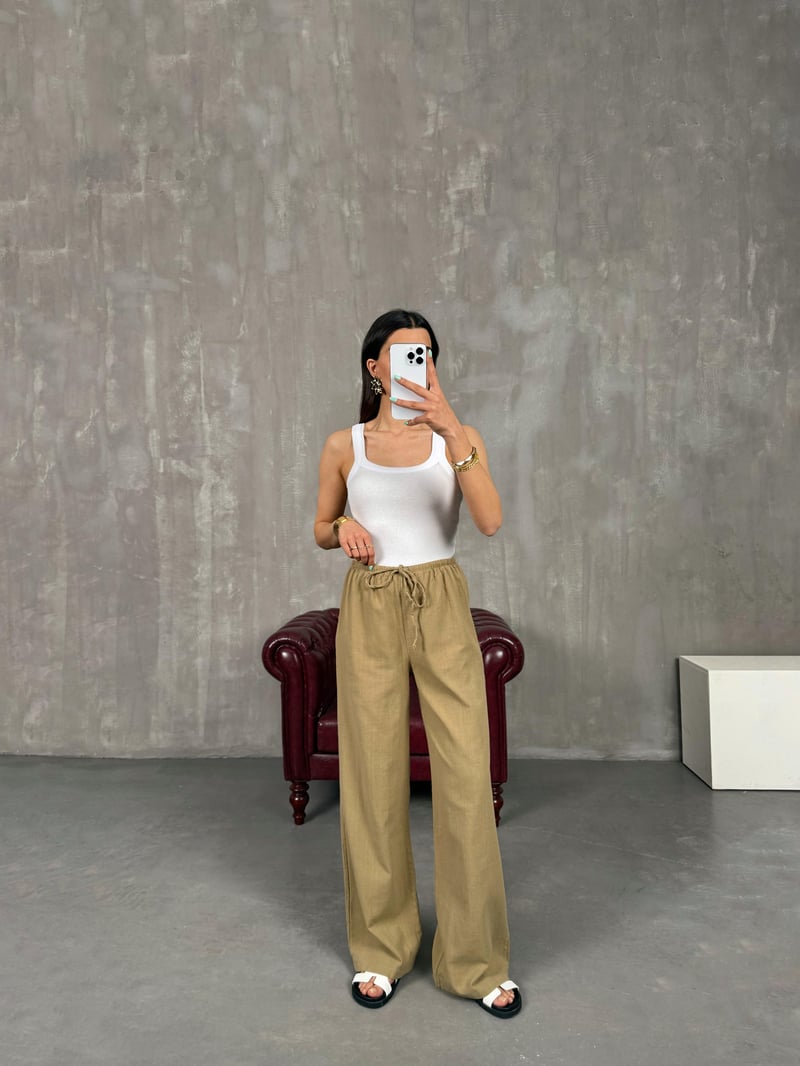 Haki Beli Lastikli Keten Pantolon Gaus00237