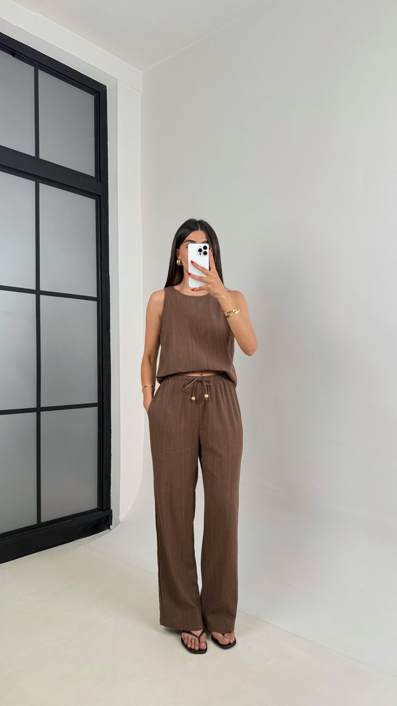 Kahve Sıfır Kol Bluz Beli Lastikli Pantolon Md Muadil Keten Takım Gaus00495 
