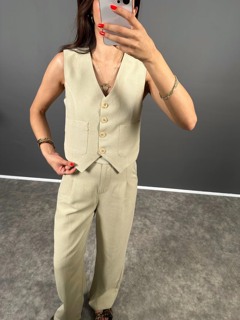 Evia Soft Haki  Premium Keten Yelek Pantolon İkili Takım