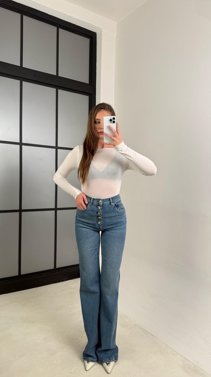 Mavi Düğme Detaylı İspanyol Paça Cep Etiketli Tasarım Jean GAUS-00742