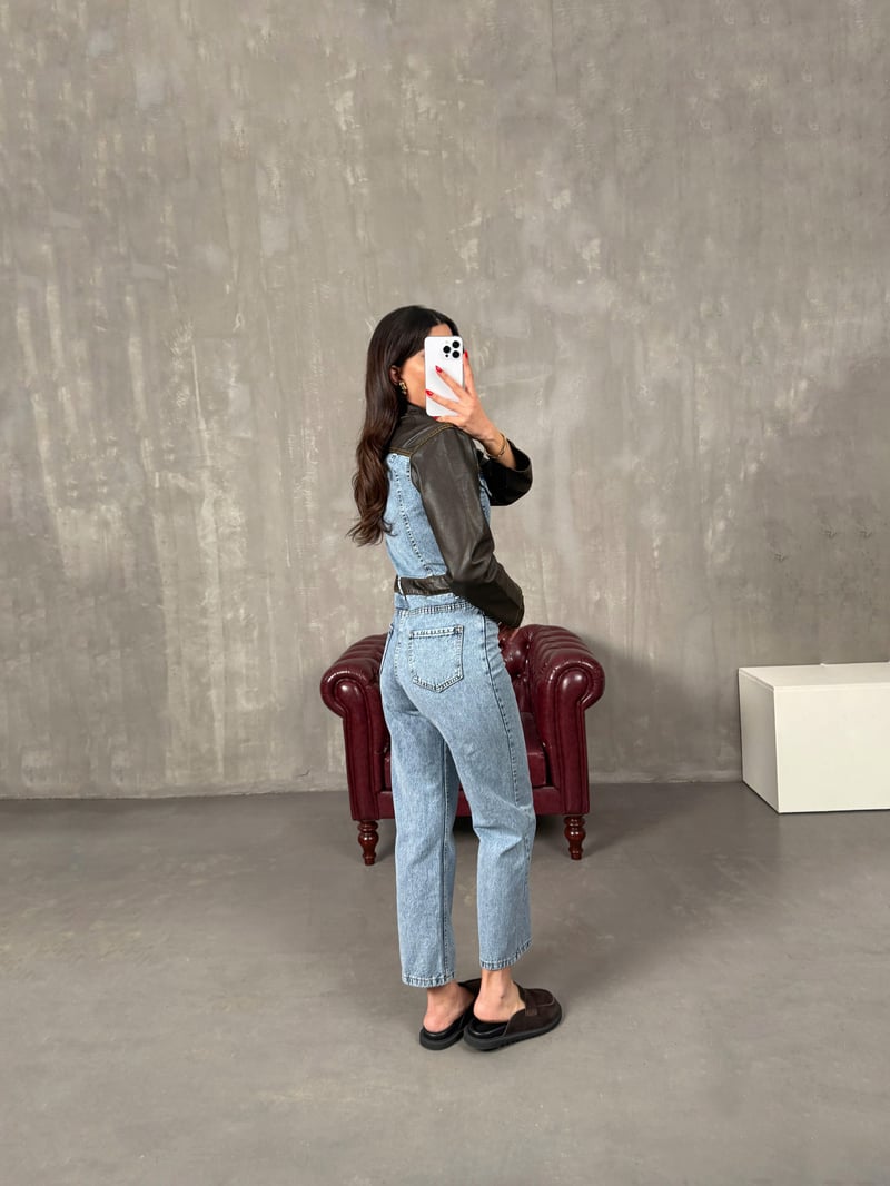 Barnes Eskitme Deri Detaylı Premium Tasarım Denim Tulum
