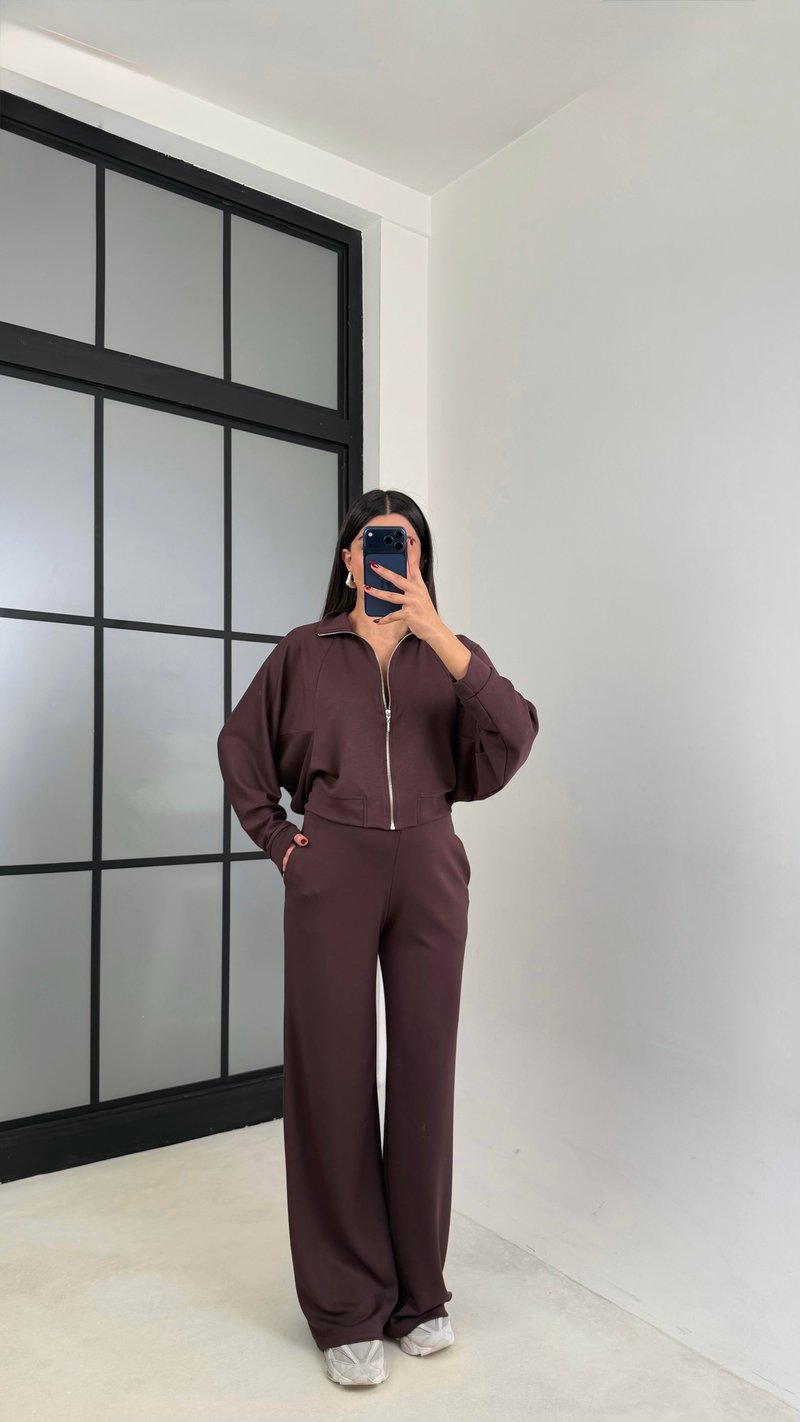 Acı Kahve Fermuarlı Hırka Beli Lastikli Pantolon Modal Takım GAUS-00665