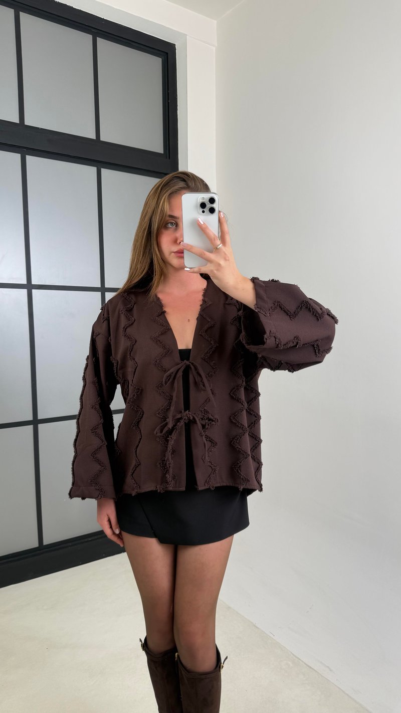 Acı Kahve Önü Bağlamalı İşleme Detaylı  Kimono GAUS-00450