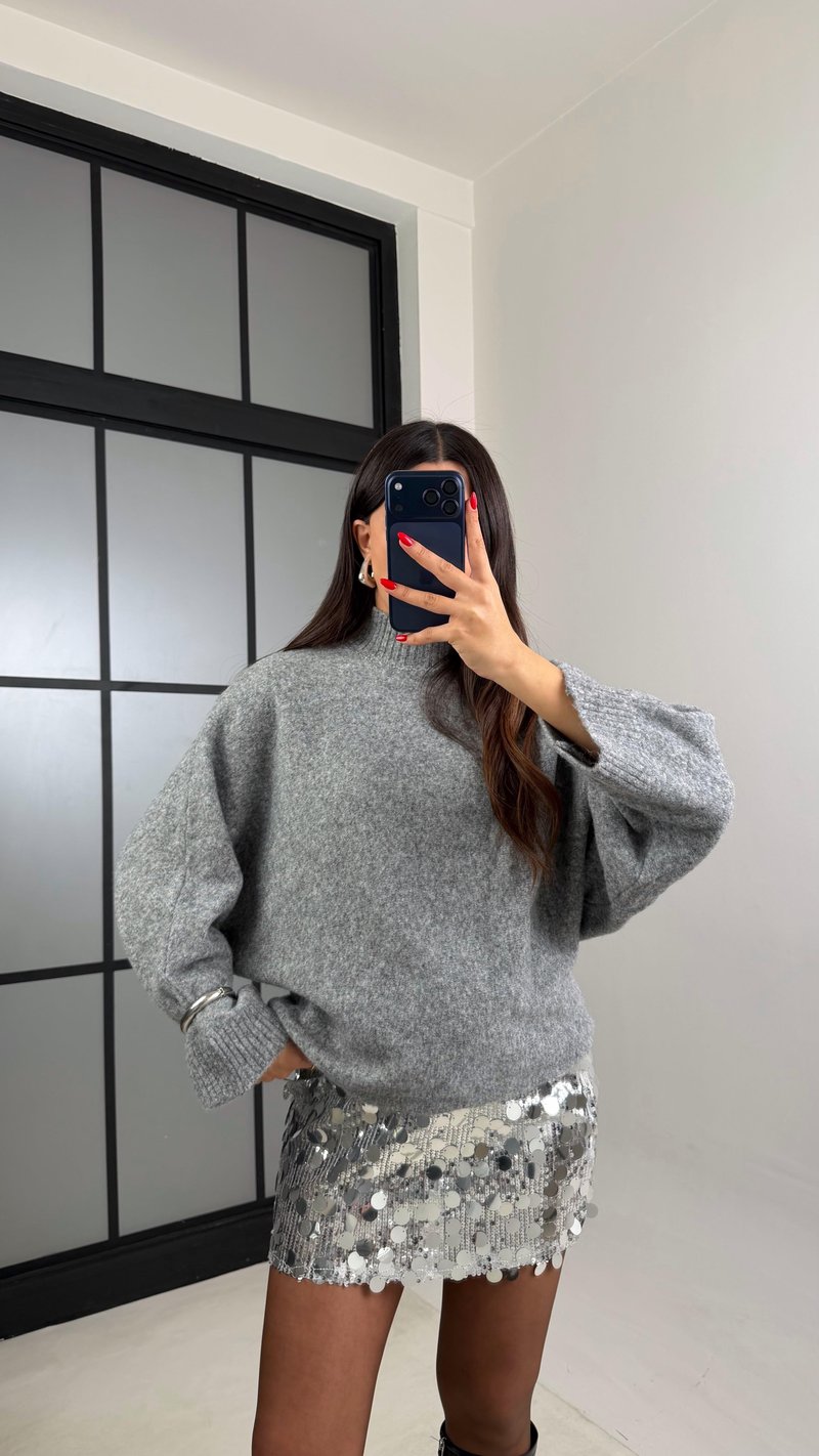 Gri Balıkçı Yaka Yarasa Kol Triko Kazak GAUS-00928