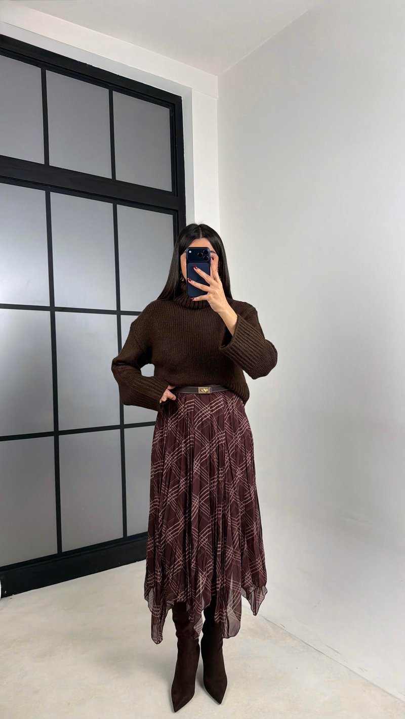 Kahve Ekose Desenli Astarlı Şifon Etek GAUS-00725