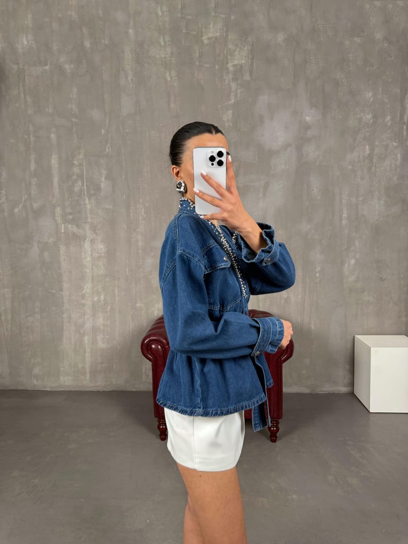 Mavi Boncuk İşlemeli Belden Lastikli Denim Tasarım Ceket Gaus00028