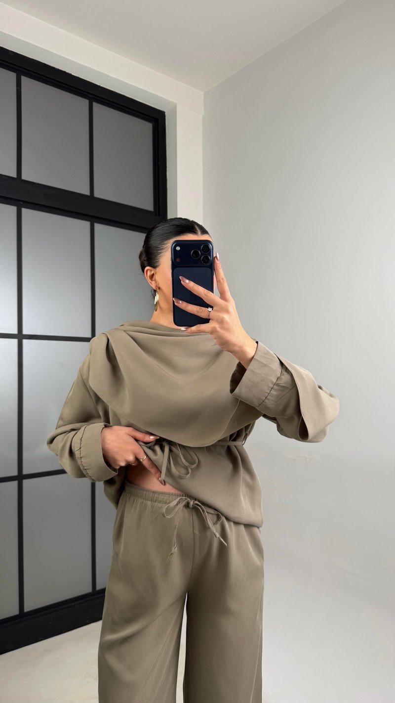 Haki Şal Detaylı Belden Kuşaklı Beli Lastikli İthal Kumaş İkili Takım GAUS-01154